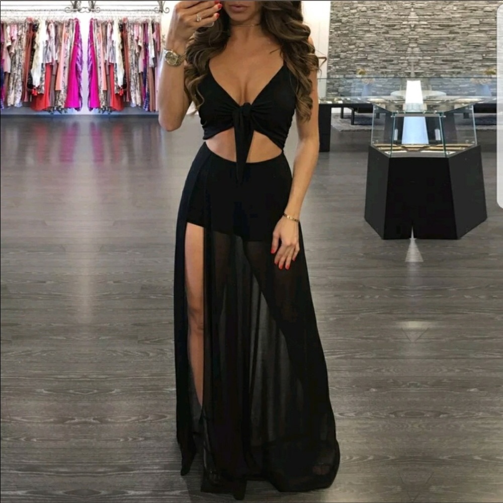 Black 1 piece mesh crop top dress